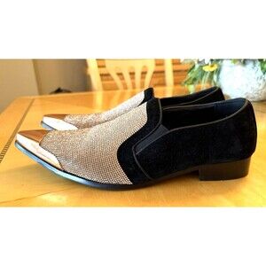 Bolano Dezzy Mens 12 Black Rose Gold Rhinestone SlipOn Tuxedo Dress Loafer Shoes